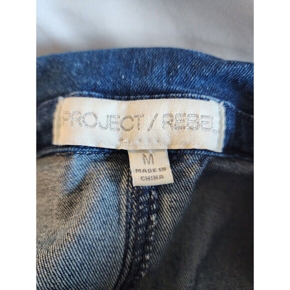 Project/Rebel Stretch Denim Jumpsuit Womens Flare Leg Blue Zip Short Sleeve Sz M - Picture 7 of 11